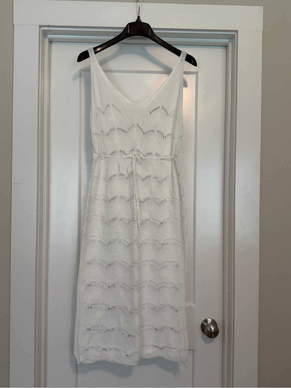 White V-Neck Knit Sundress with Drawstring Waist